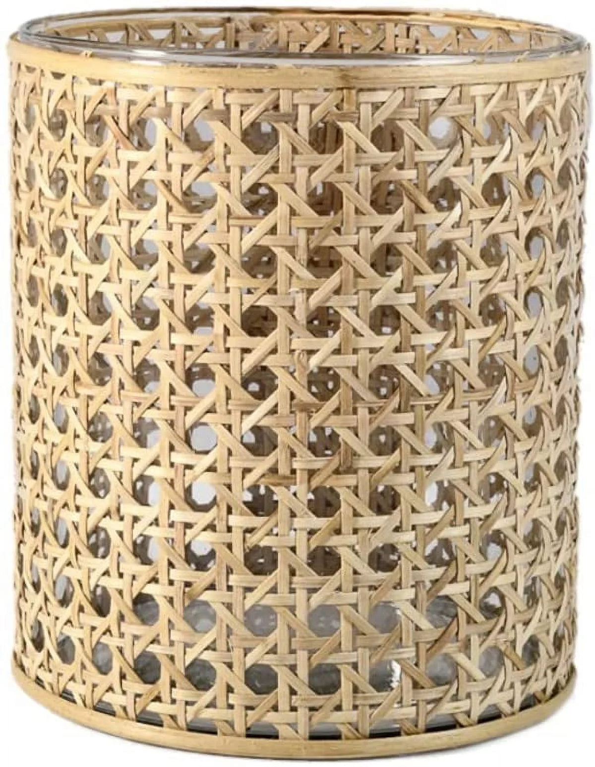 Glass Hurricane Candle Holder Wrapped in Woven Rattan Cane, 10" Tall & 5" Diameter M98695