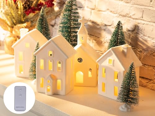 7PCS Christmas Village Sets - 3 LED Lighted Ceramic White Christmas Village Houses with Remote & 4 Trees P9499
