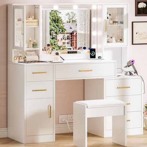 White Makeup Vanity Desk with Mirror & Lights and 5 Drawers E581653