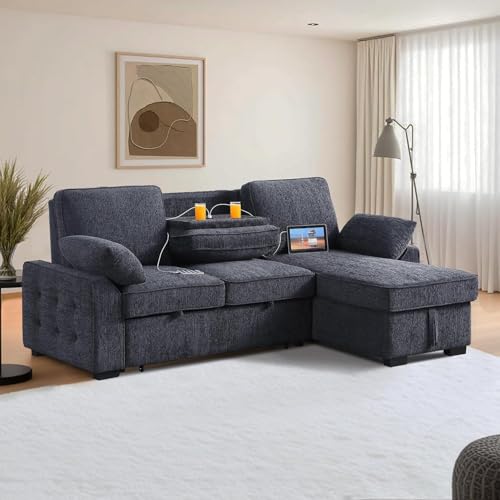 86 Inch Chenille L Shaped Sleeper Sectional Sofa with Storage Chaise Y7417