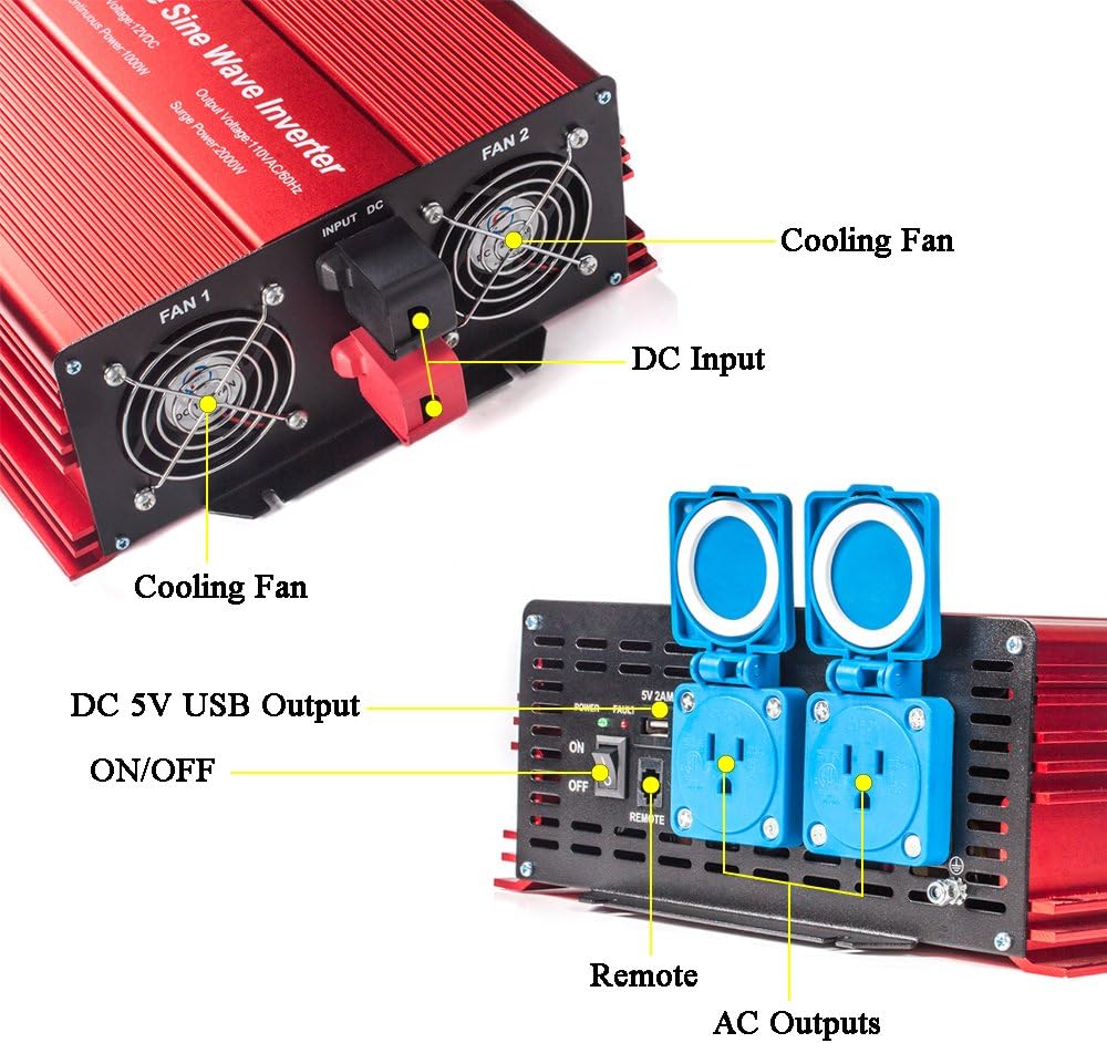 2000W Pure Sine Wave Inverter 12V to 120V AC with 2 AC Outlets, DC5V 2 Amp USB Output, LCD Wire Remote Kit and OFC Battery Cables M5196