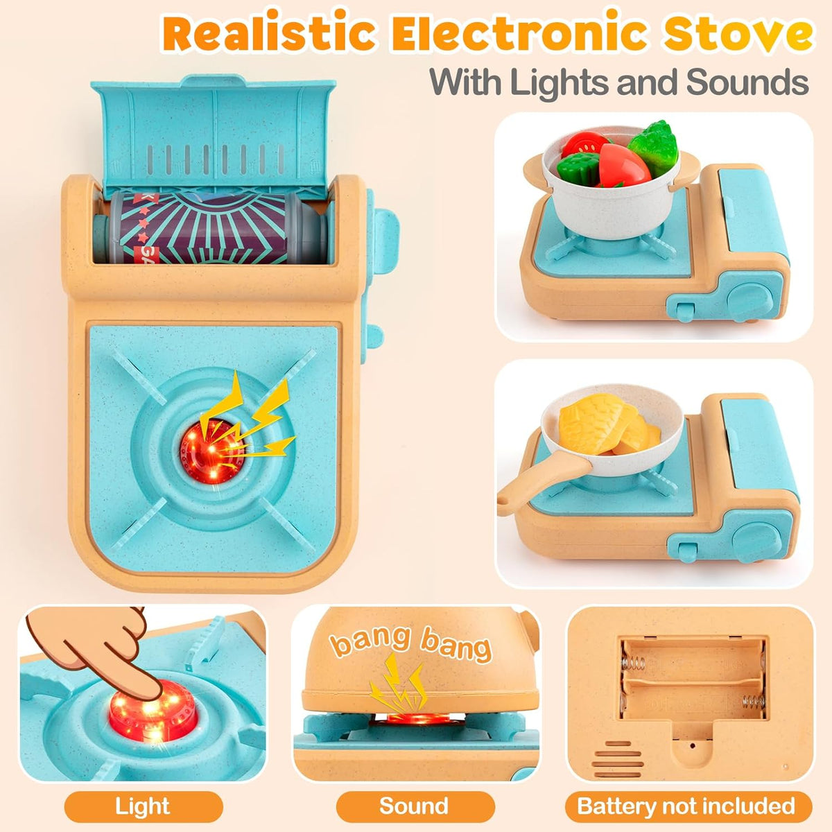 44PCS Kids Kitchen Playset Cookware Toys with Play Pots and Pans, Gas Stove with Sound & Light, Cooking Utensils W605158