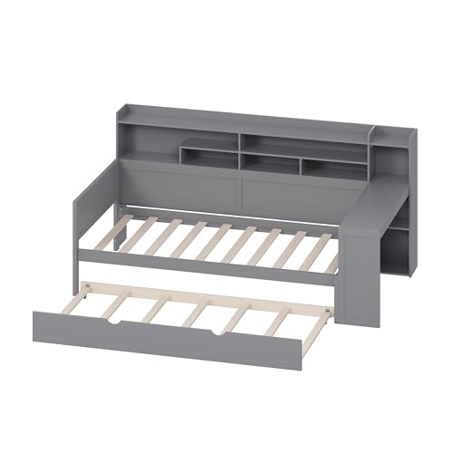 Gray Twin Corner Bed Frame with Storage Shelves and Desk Q35416