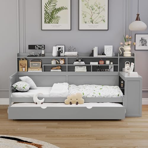 Gray Twin Corner Bed Frame with Storage Shelves and Desk Q35416