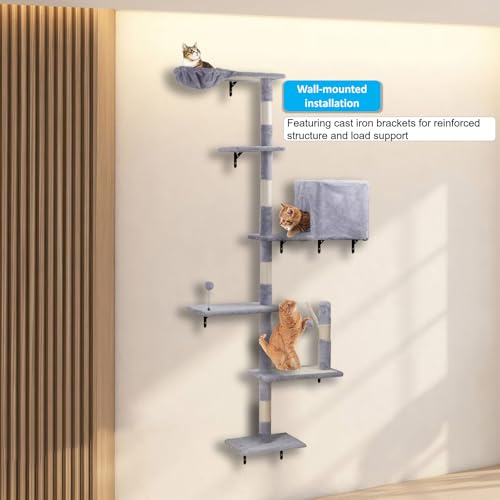 Wall Mounted Cat Climber Set with Scratching Post, Platforms, Dangling Balls, Condo D458886