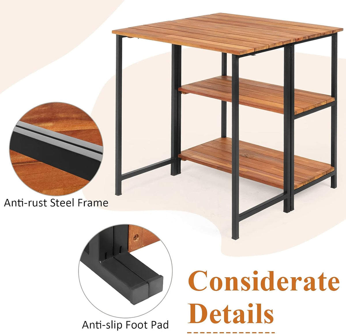 Acacia Wood Folding Patio Table with 2 Storage Shelves V15147