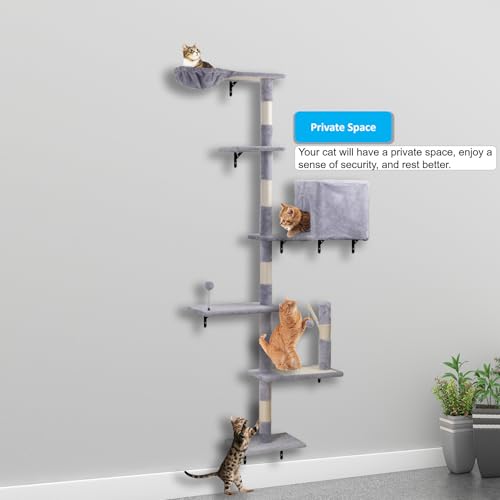 Wall Mounted Cat Climber Set with Scratching Post, Platforms, Dangling Balls, Condo D458886
