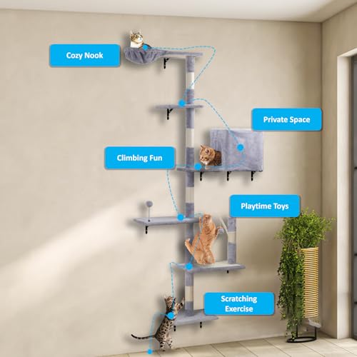 Wall Mounted Cat Climber Set with Scratching Post, Platforms, Dangling Balls, Condo D458886