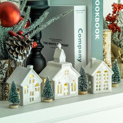 7PCS Christmas Village Sets - 3 LED Lighted Ceramic White Christmas Village Houses with Remote & 4 Trees P9499