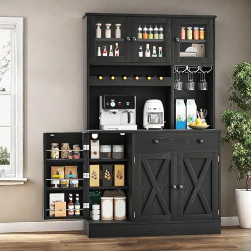 Grey Tall Kitchen Pantry Cabinet with Doors, Shelves, Drawer, Wine Rack, Power Outlet A2036
