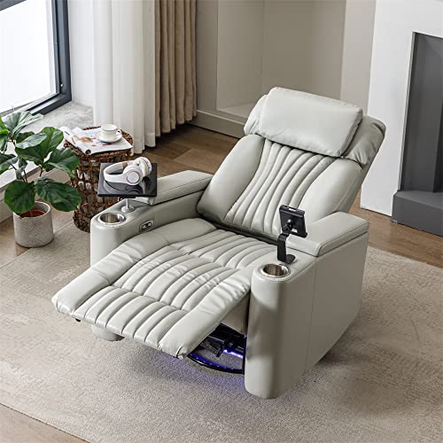 Grey PU Leather Swivel Rocker Recliner Chair with Cup Holders U658