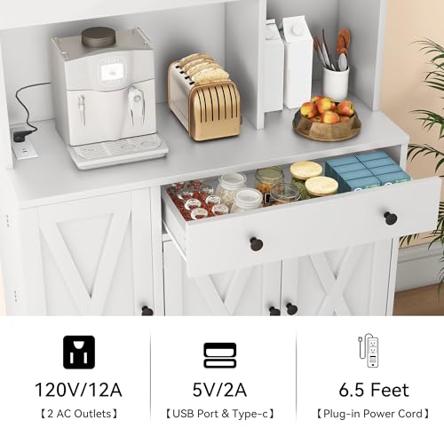 Grey Tall Kitchen Pantry Cabinet with Doors, Shelves, Drawer, Wine Rack, Power Outlet A2036
