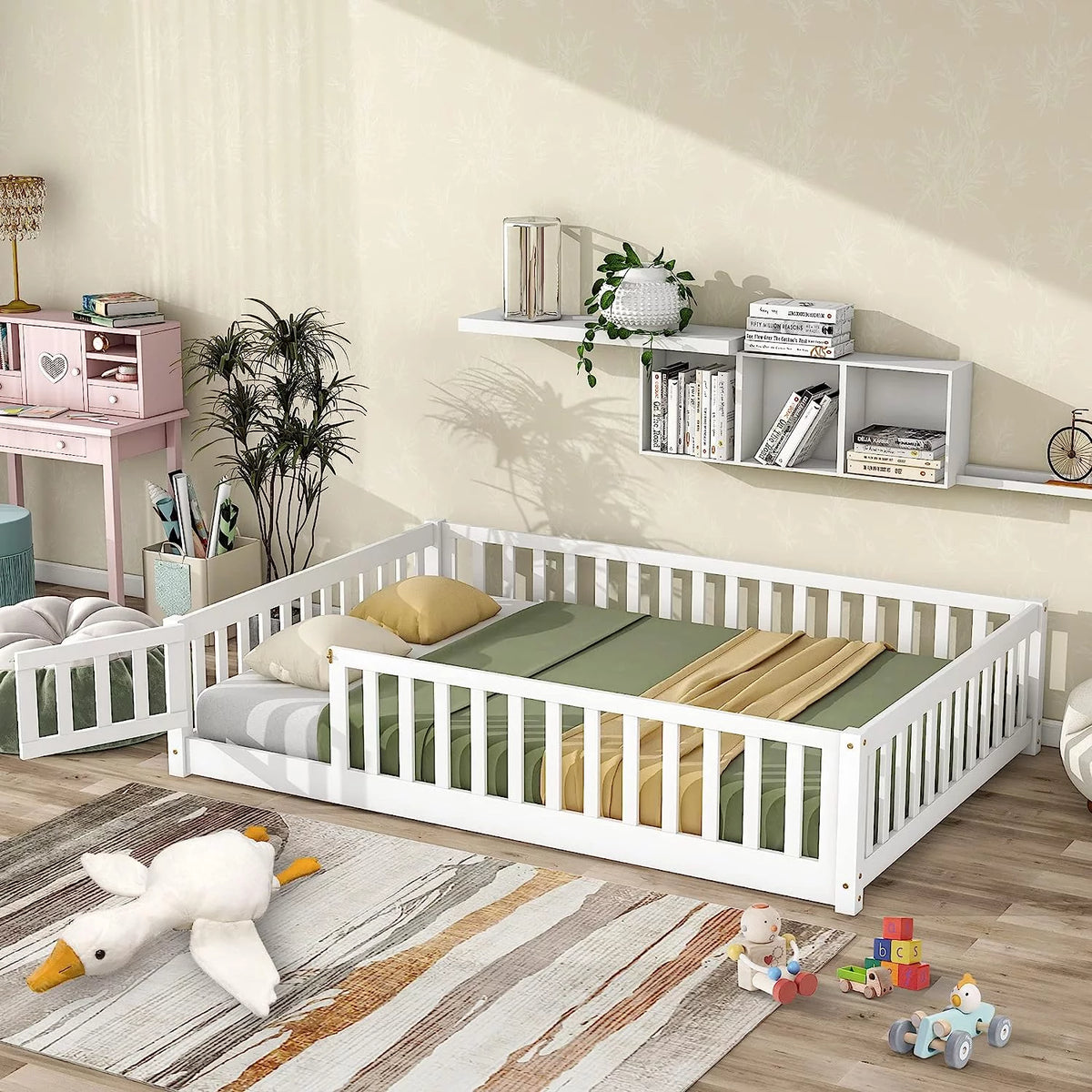 White Twin Floor Bed Frame with Fence and Wood Slats L981579