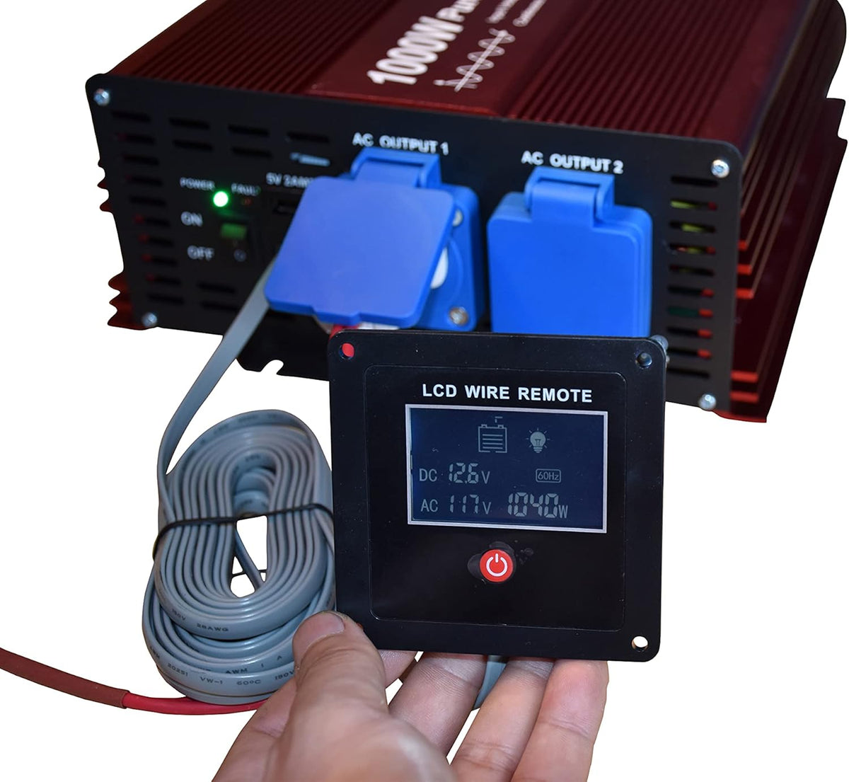 2000W Pure Sine Wave Inverter 12V to 120V AC with 2 AC Outlets, DC5V 2 Amp USB Output, LCD Wire Remote Kit and OFC Battery Cables M5196
