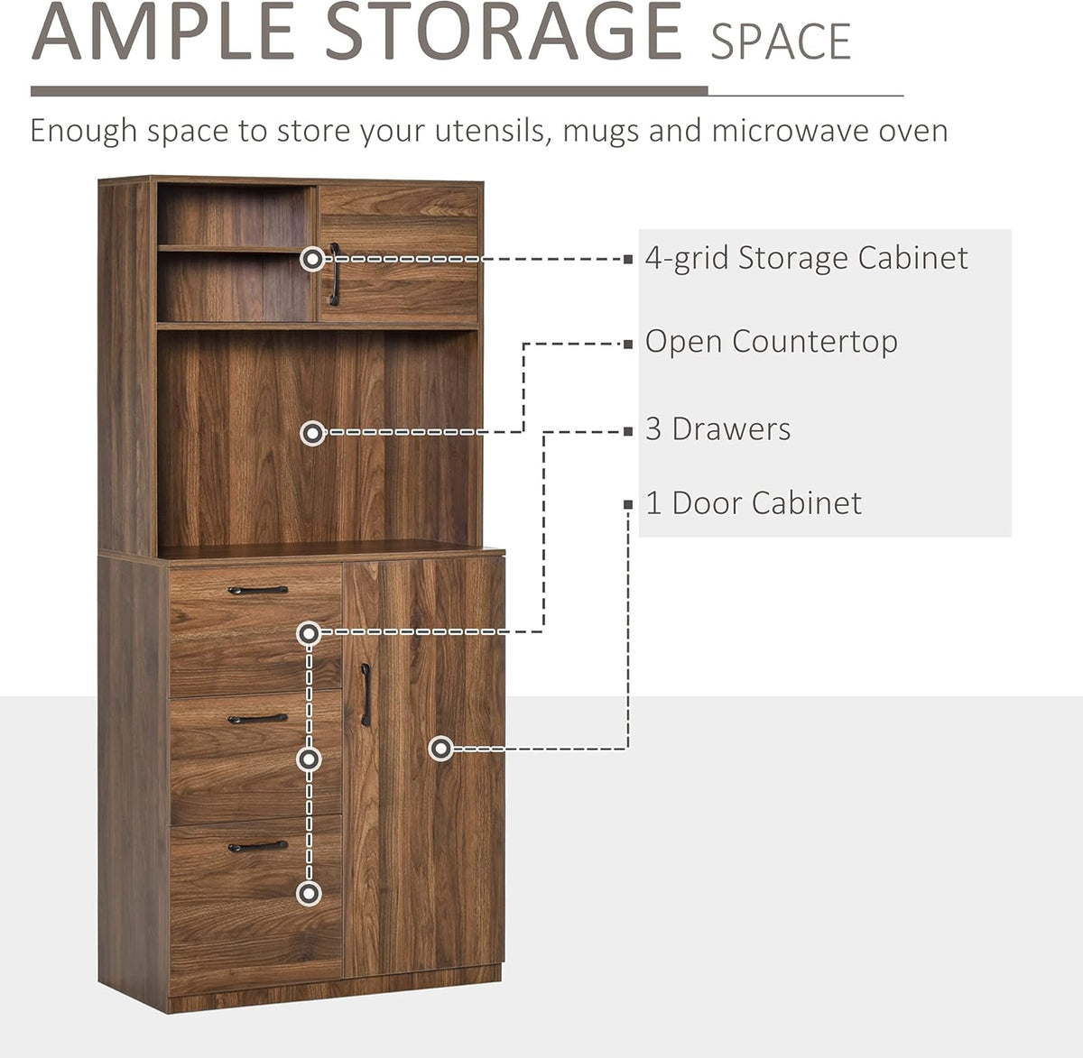 Walnut Kitchen Buffet Hutch with 3 Drawers and Sliding Door W172