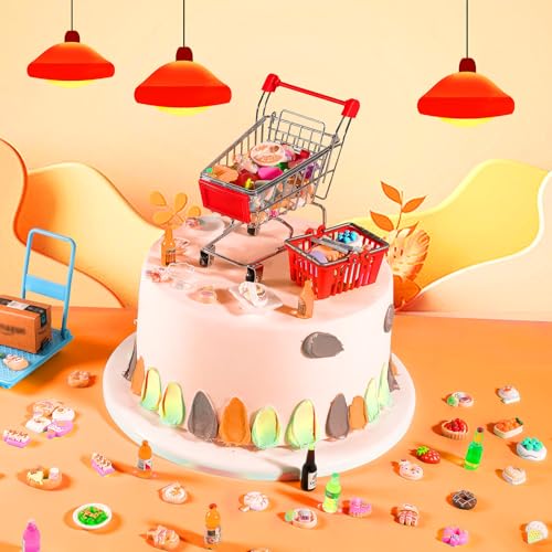 246 Pcs Mini Shopping Cart Refrigerator with Mini Food Set Metal Basket F235