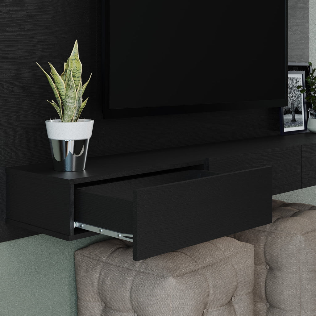 70" Black Floating TV Stand with LED Lights and Drawers C6324