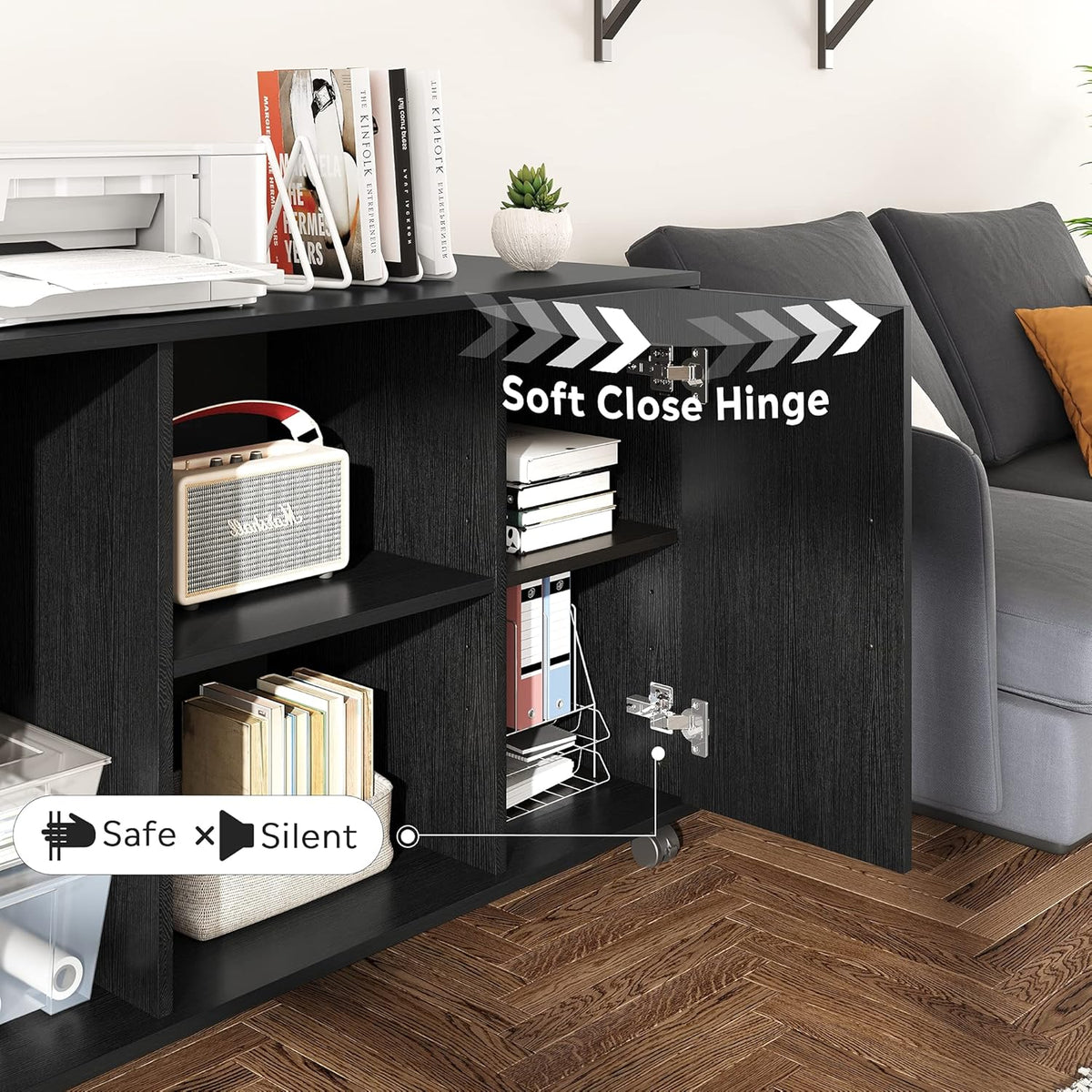 Black Wood Rolling File Cabinet with Dual Doors L10729
