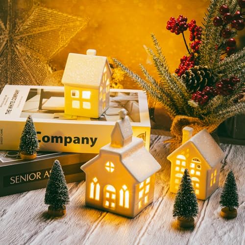 7PCS Christmas Village Sets - 3 LED Lighted Ceramic White Christmas Village Houses with Remote & 4 Trees P9499