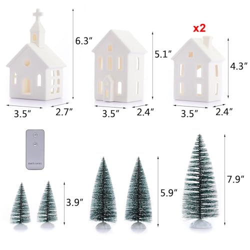 7PCS Christmas Village Sets - 3 LED Lighted Ceramic White Christmas Village Houses with Remote & 4 Trees P9499