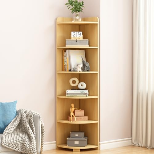 6-Tier Open Corner Shelf Tall Wooden Floor Standing Bookshelf Oak X524254