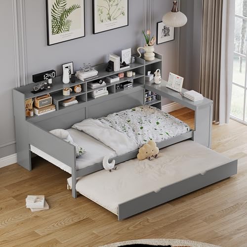 Gray Twin Corner Bed Frame with Storage Shelves and Desk Q35416