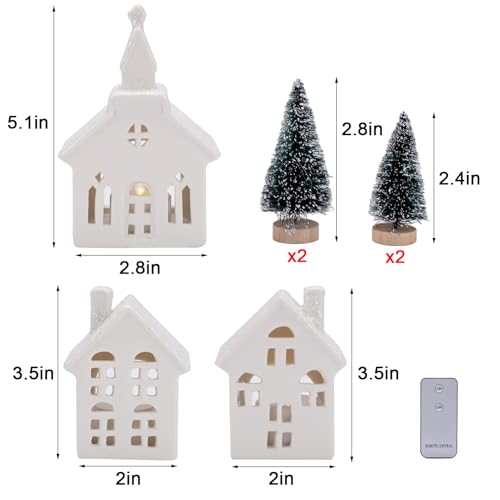 7PCS Christmas Village Sets - 3 LED Lighted Ceramic White Christmas Village Houses with Remote & 4 Trees P9499