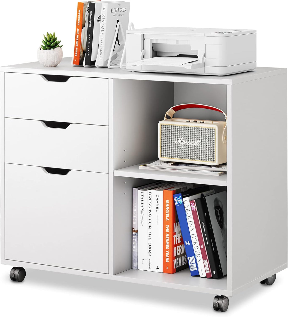 3-Drawer Wood File Cabinet with Open Storage Shelves, Rustic Brown N140316
