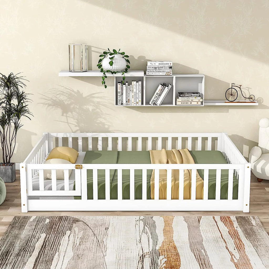 White Twin Floor Bed Frame with Fence and Wood Slats L981579
