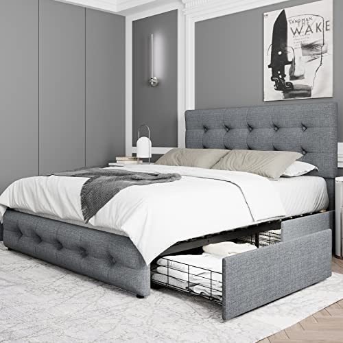 Black Queen Upholstered Platform Bed Frame with 4 Storage Drawers Q765262