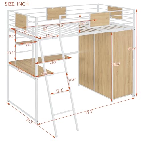 Twin Size Metal Wood Loft Bed Frame with Desk Stairs Storage Wardrobe A116