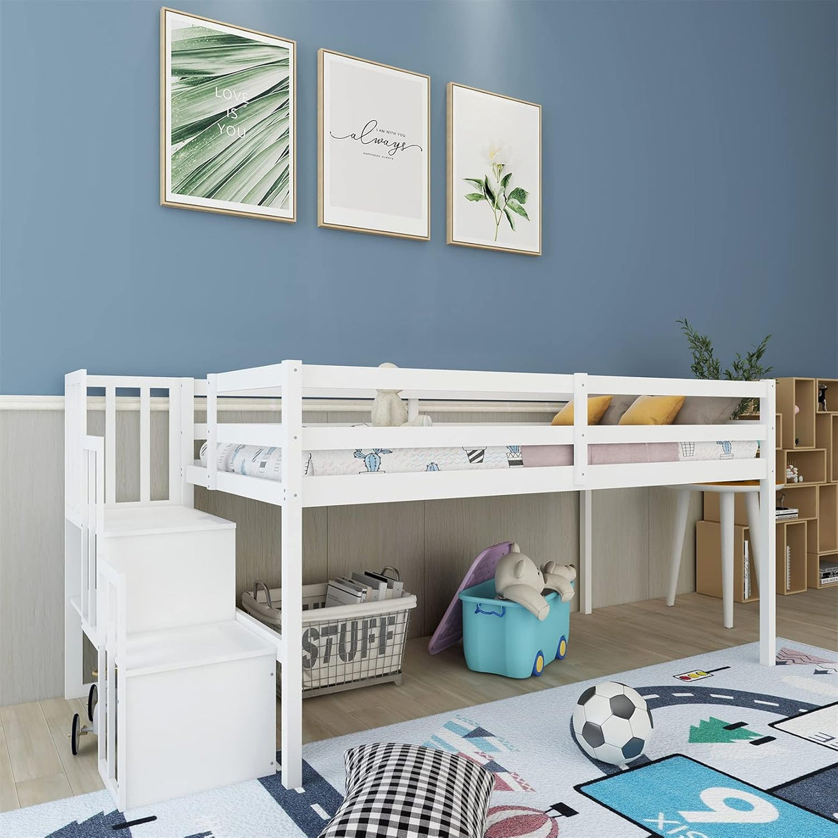 Twin Wooden Loft Bed with Slide Storage Drawers Shelves P6927