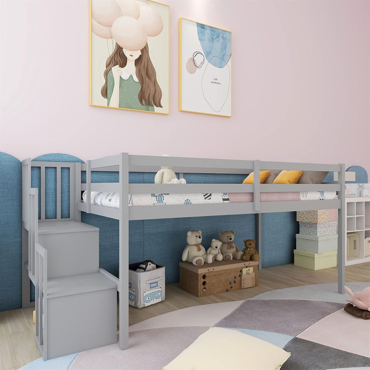 Twin Wooden Loft Bed with Slide Storage Drawers Shelves P6927