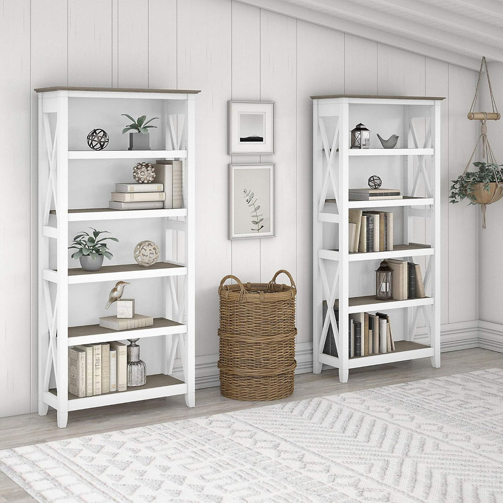 Pure White and Shiplap Gray 5 Shelf Bookcase Set Q57850
