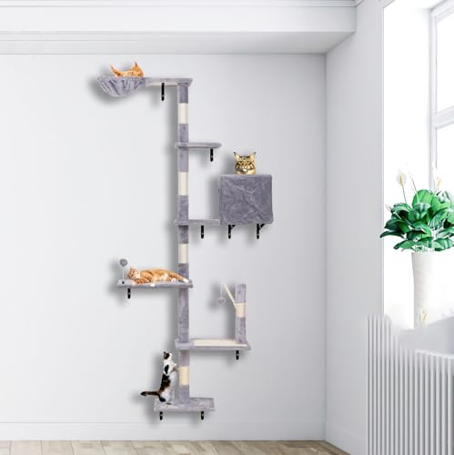 Wall Mounted Cat Climber Set with Scratching Post, Platforms, Dangling Balls, Condo D458886