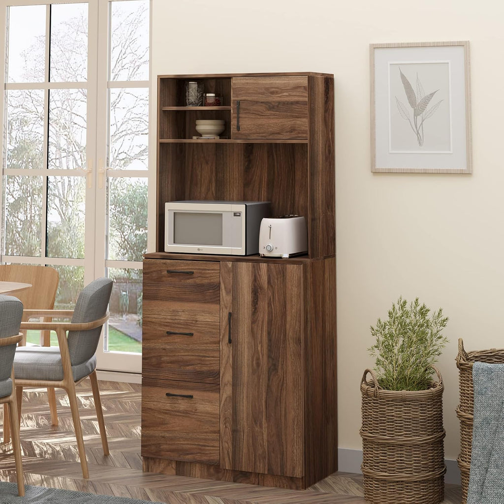 Walnut Kitchen Buffet Hutch with 3 Drawers and Sliding Door W172