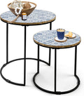 Blue and White Set of 2 Side Tables with Metal Frame and Wooden Top W8964