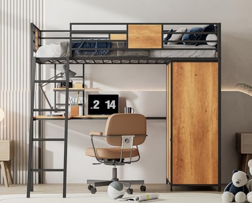 Twin Size Metal Wood Loft Bed Frame with Desk Stairs Storage Wardrobe A116