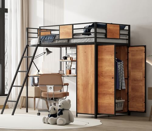 Twin Size Metal Wood Loft Bed Frame with Desk Stairs Storage Wardrobe A116