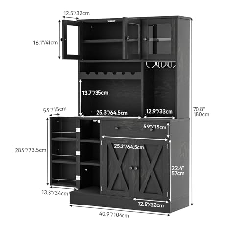 Grey Tall Kitchen Pantry Cabinet with Doors, Shelves, Drawer, Wine Rack, Power Outlet A2036