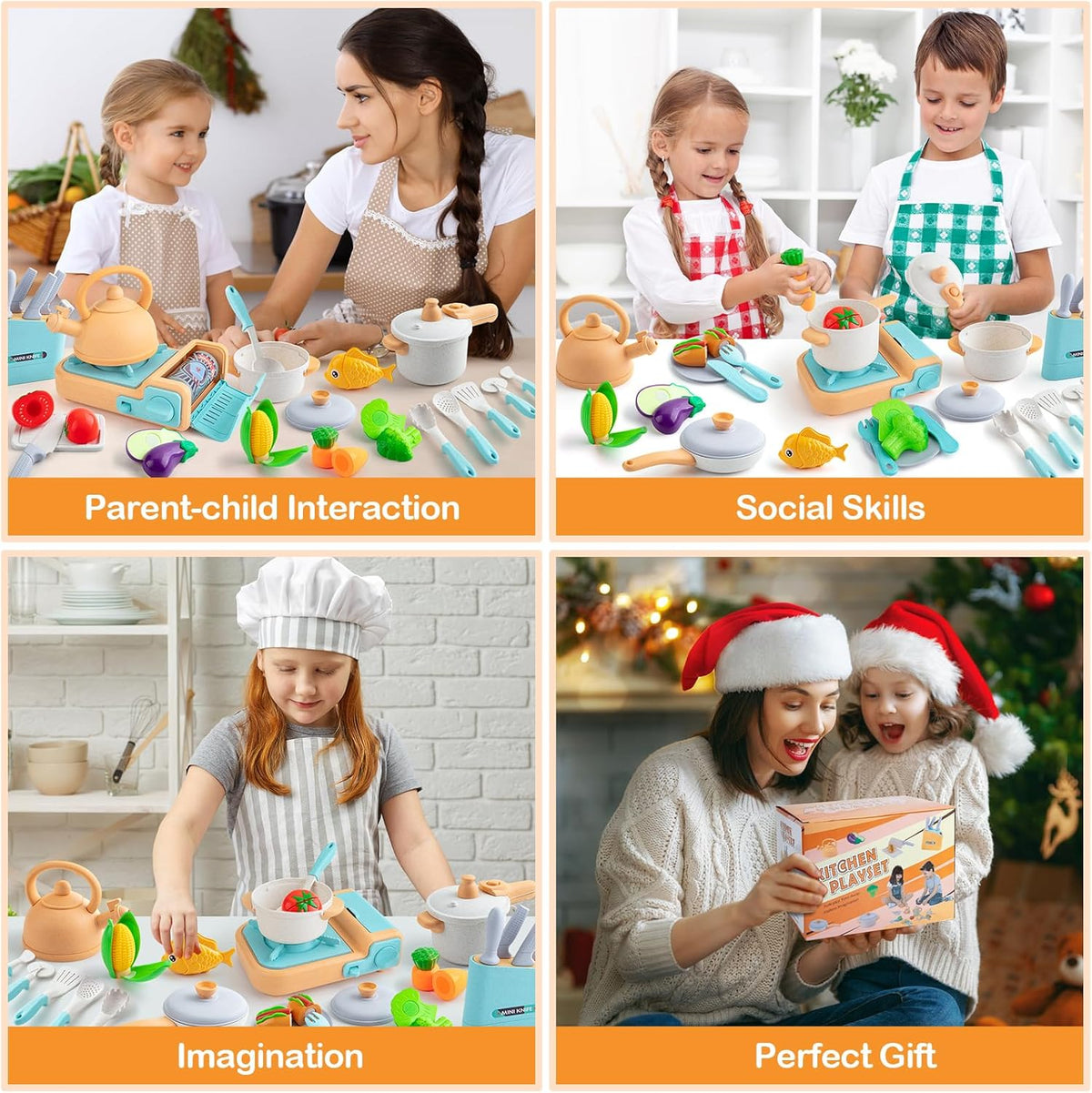 44PCS Kids Kitchen Playset Cookware Toys with Play Pots and Pans, Gas Stove with Sound & Light, Cooking Utensils W605158