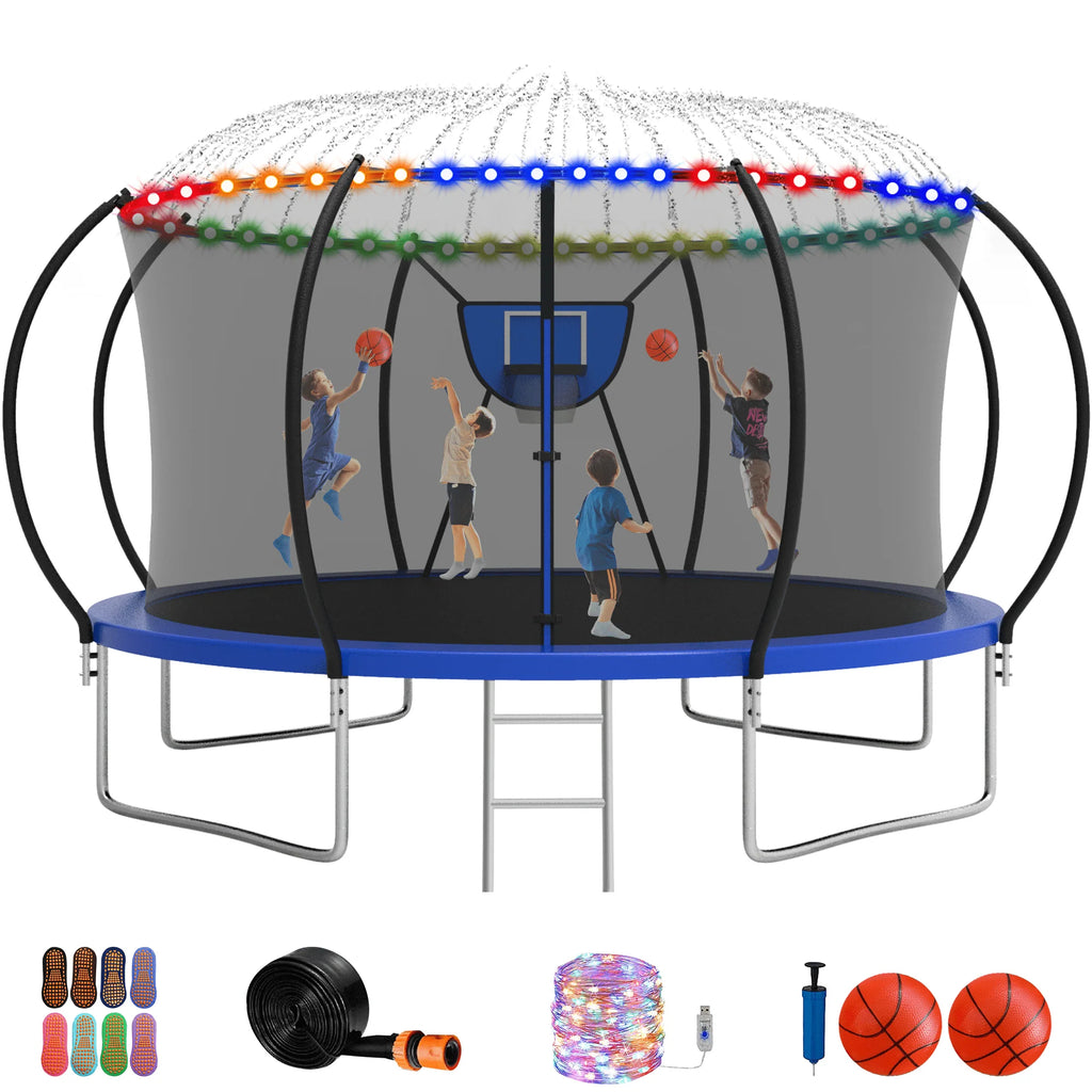 12FT 14FT Trampoline with Enclosure, Basketball Hoop, LED Light and Sprinkler R8603