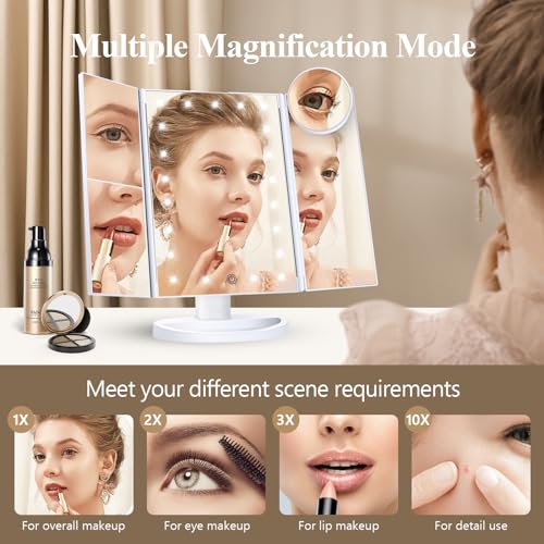 White Trifold Makeup Mirror with Lights W271