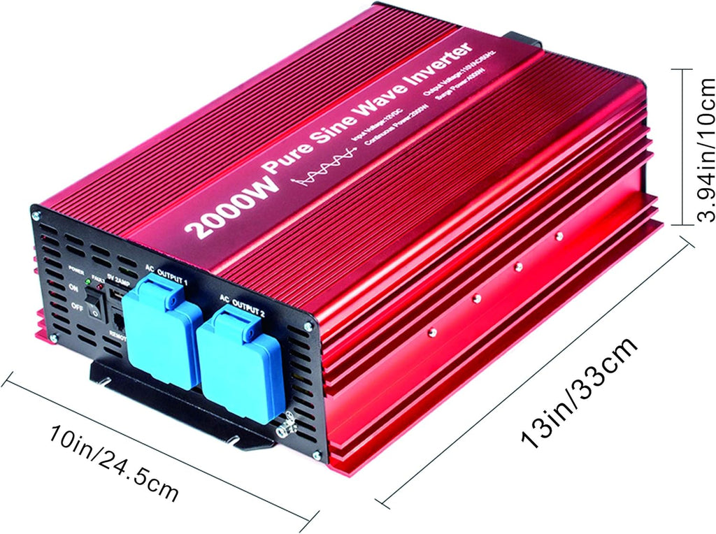 2000W Pure Sine Wave Inverter 12V to 120V AC with 2 AC Outlets, DC5V 2 Amp USB Output, LCD Wire Remote Kit and OFC Battery Cables M5196