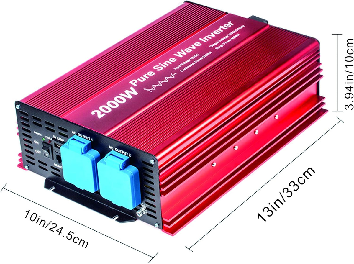 2000W Pure Sine Wave Inverter 12V to 120V AC with 2 AC Outlets, DC5V 2 Amp USB Output, LCD Wire Remote Kit and OFC Battery Cables M5196