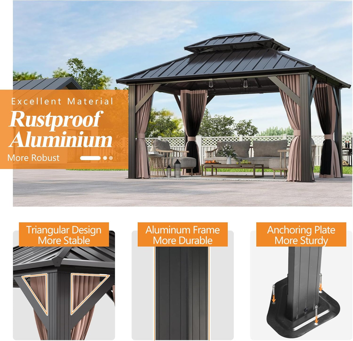10x12FT Hardtop Gazebo with Double Roof, Heavy-Duty Galvanized Steel Top Aluminum Frame, Breathable Netting & Privacy Curtain U160