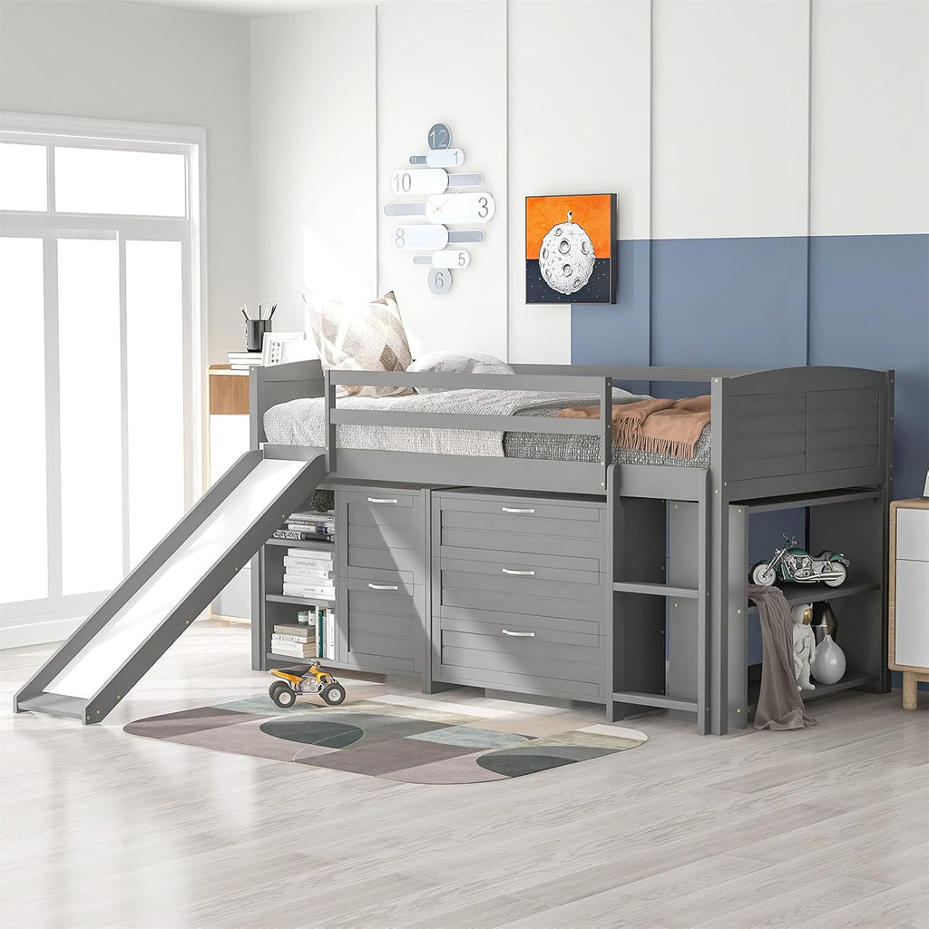Twin Wooden Loft Bed with Slide Storage Drawers Shelves P6927