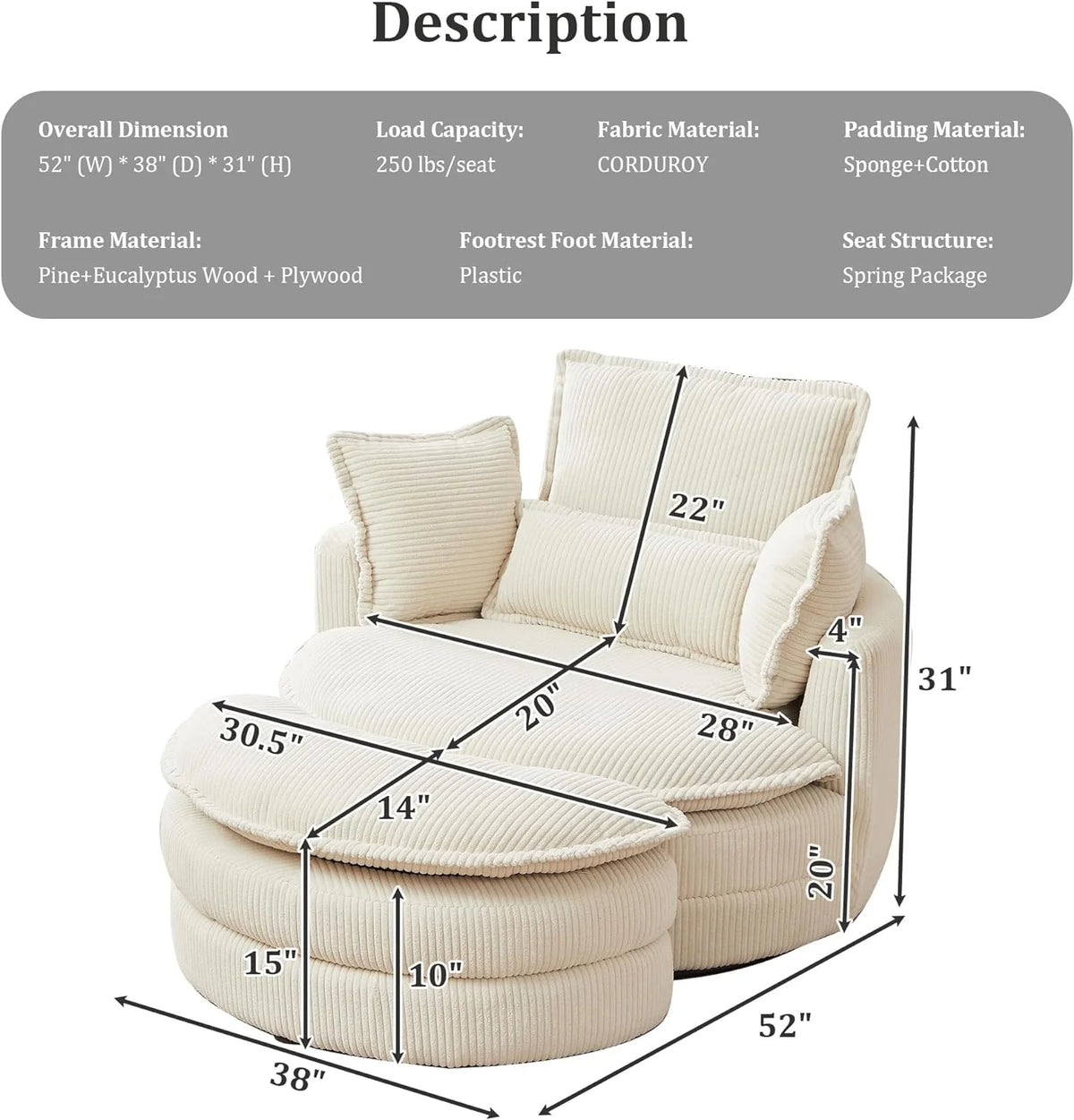 Beige Corduroy Tufted Swivel Accent Chair with Ottoman Q837