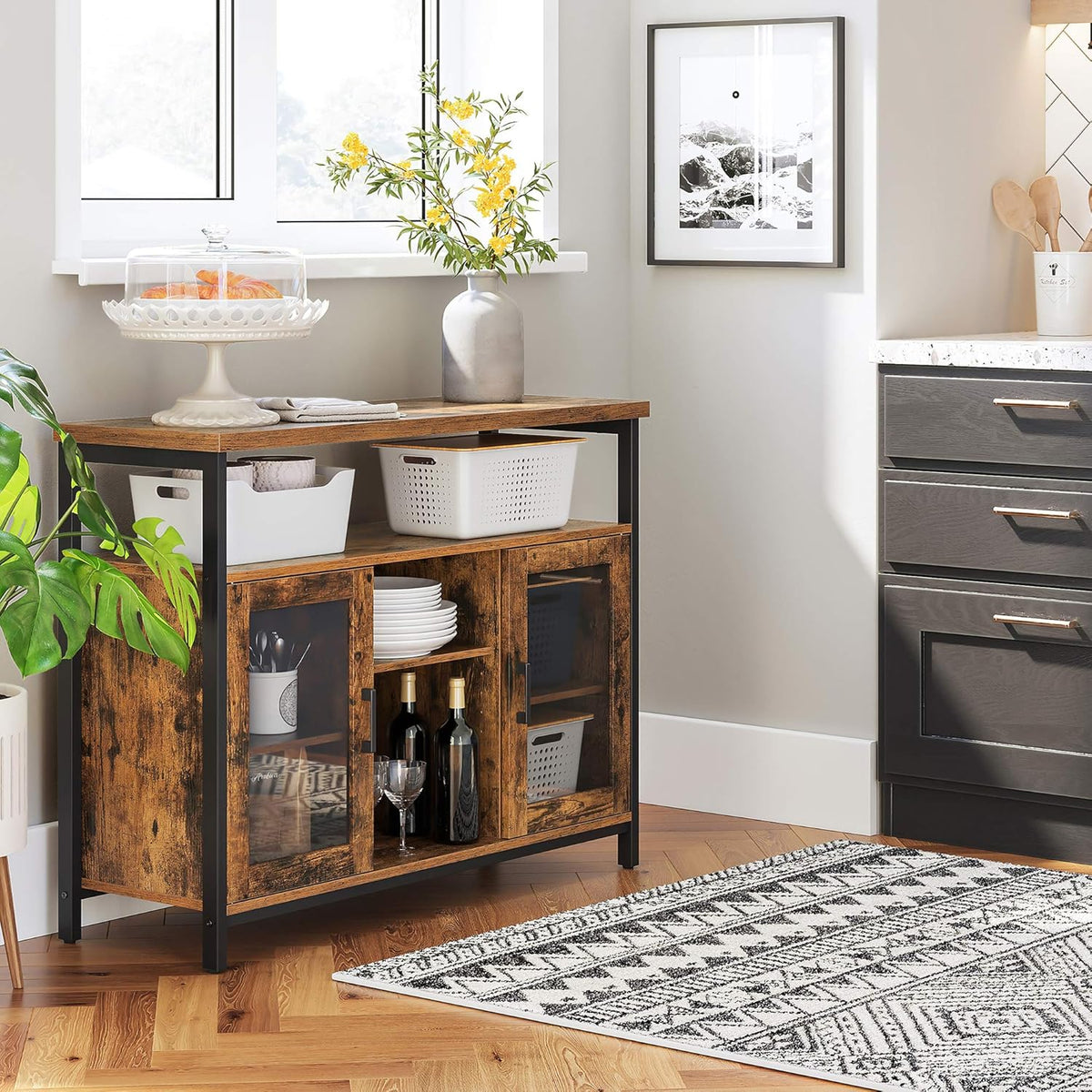 Rustic Brown and Black Buffet Cabinet with Glass Doors D755988