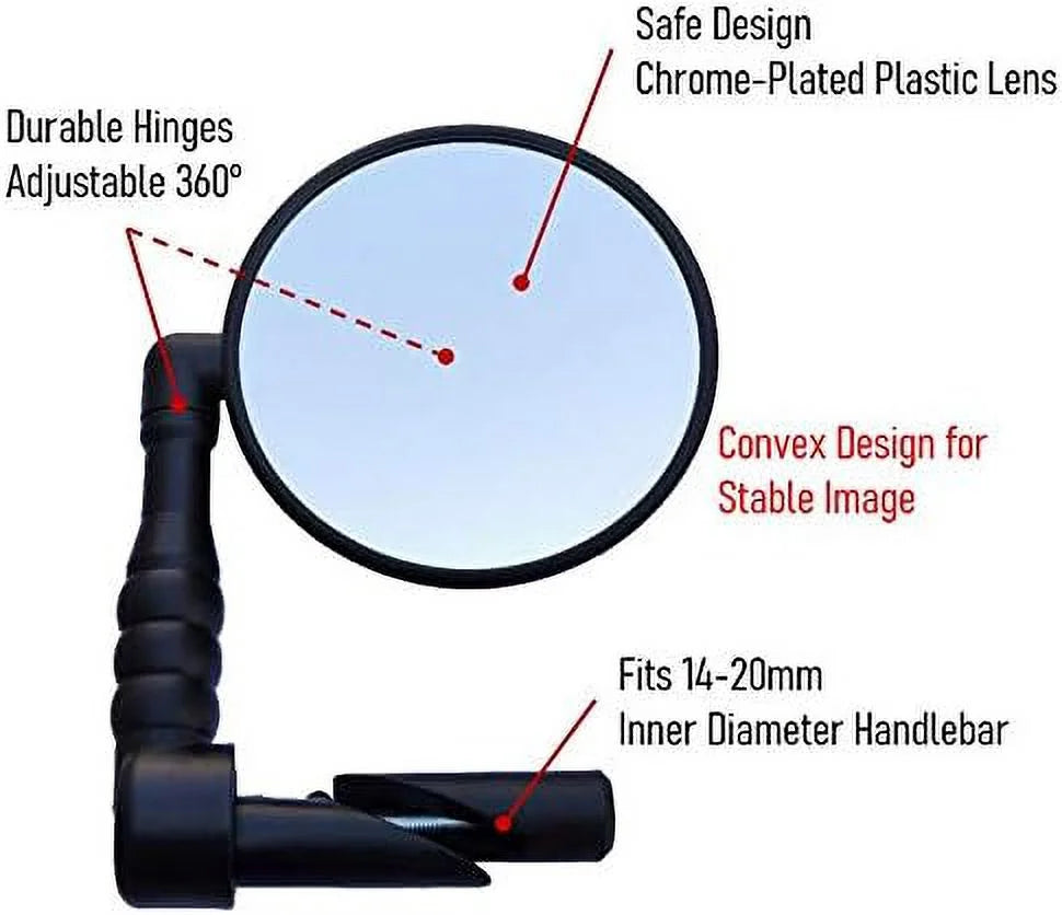 Bike Mirror Rearview, Handlebar Mount Rear View Mirror Wide Angle, Convex Glass, Adjustable Rotation 360° J819